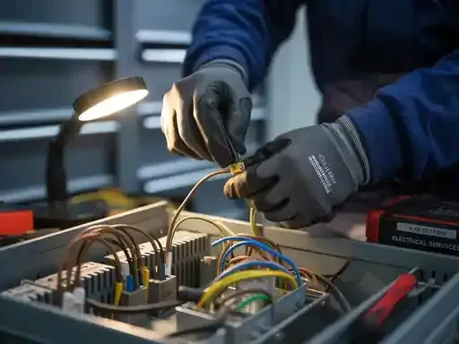 An electrician working on wiring inside a gray box. They wear gloves and focus on connecting wires.