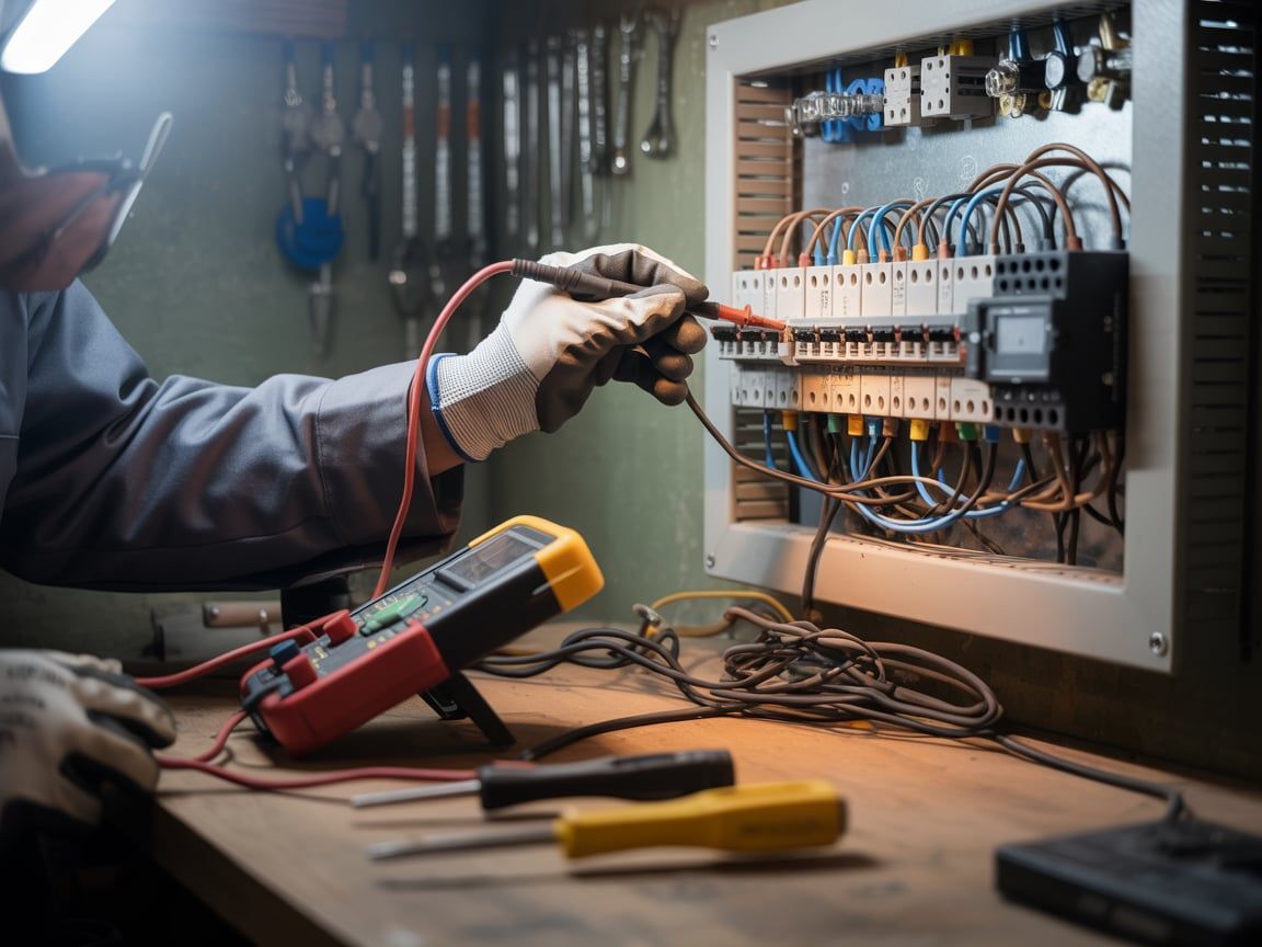 Electrician testing a circuit breaker panel with a multimeter, wearing gloves and safety glasses.