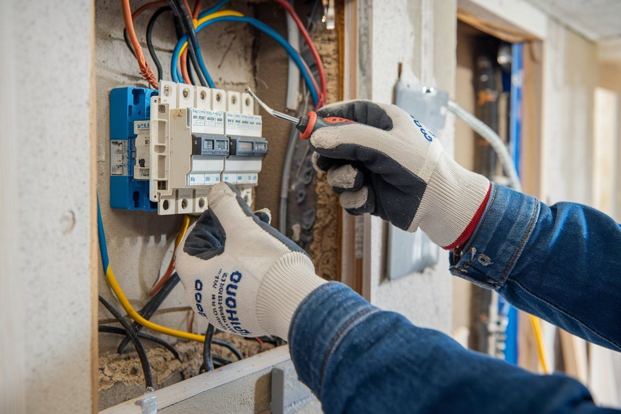 Electrician in gloves, working on electrical panel with exposed wires.