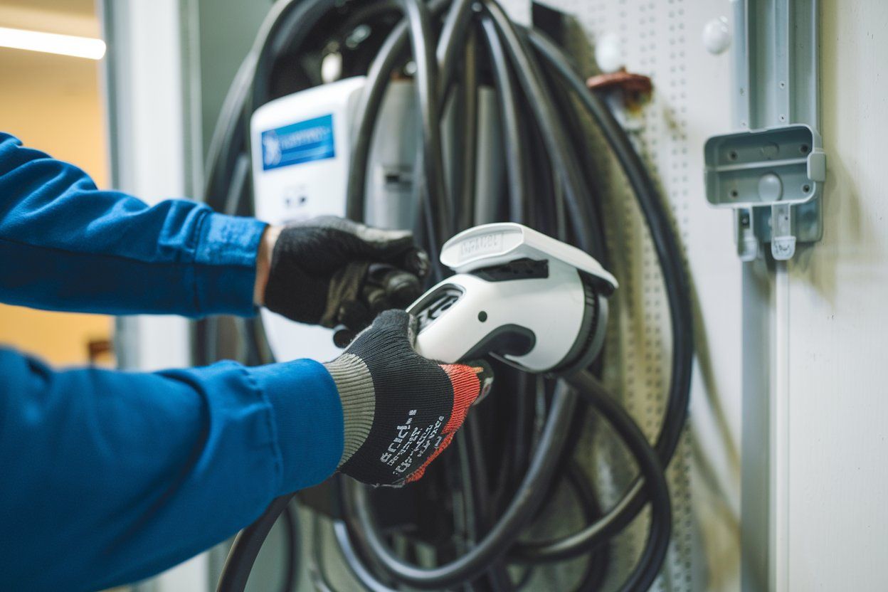 Hands in gloves connecting an electric vehicle charging cable to a charging station mounted on a wall.