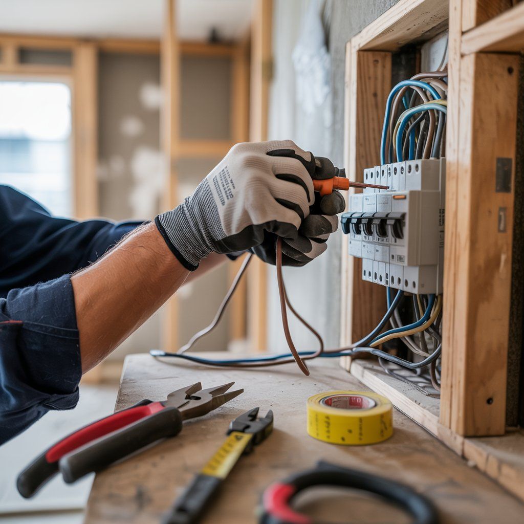 Electrician working on a fuse box with tools. Wires, gloves, and tape on a wooden surface.