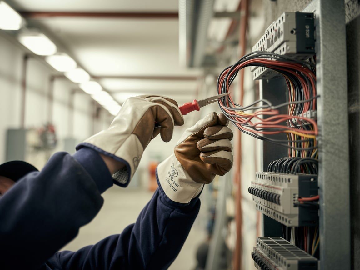Electrician with gloves works on electrical wires in a panel, indoors.