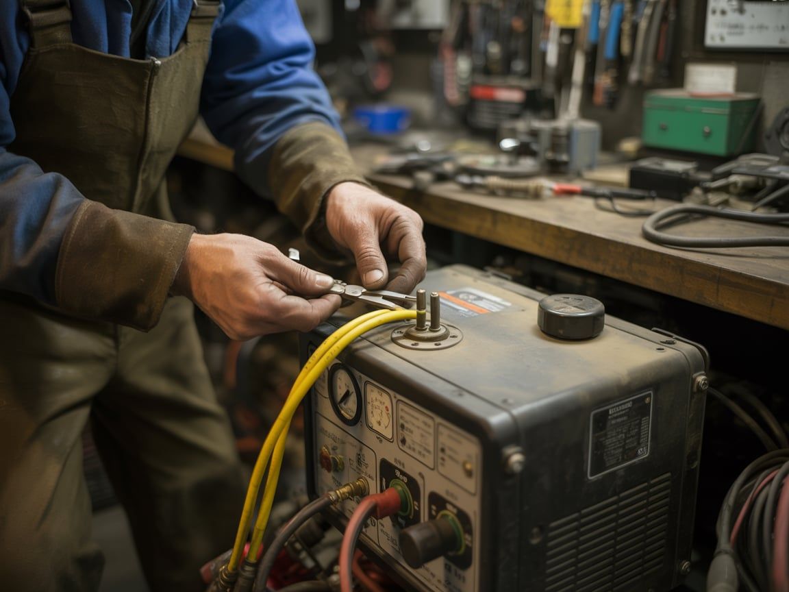 A mechanic works on a welding machine in a cluttered workshop; hands hold a tool above a yellow cable.