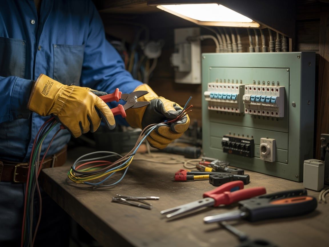 Electrician in blue jumpsuit and work gloves working on electrical wiring.