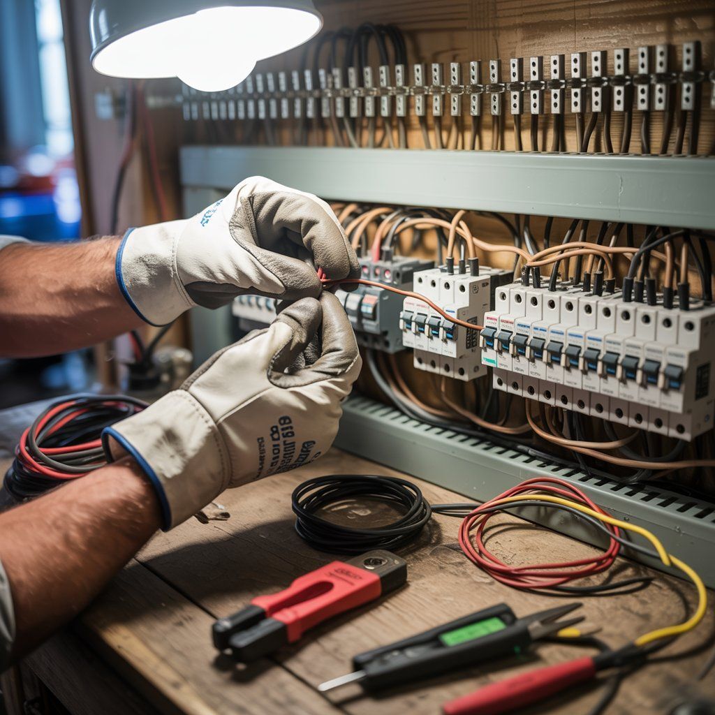 Electrician working on a control panel, wearing gloves, using tools, and connecting wires.
