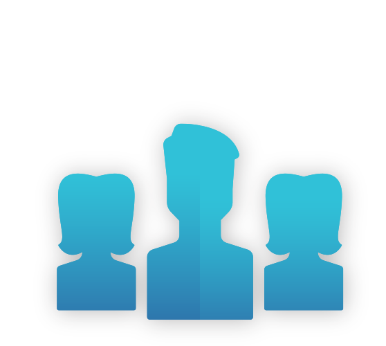 Three blue silhouettes of people.