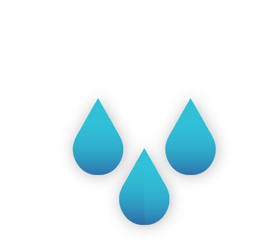 Three blue water droplets, with a slight gradient, on a white background.