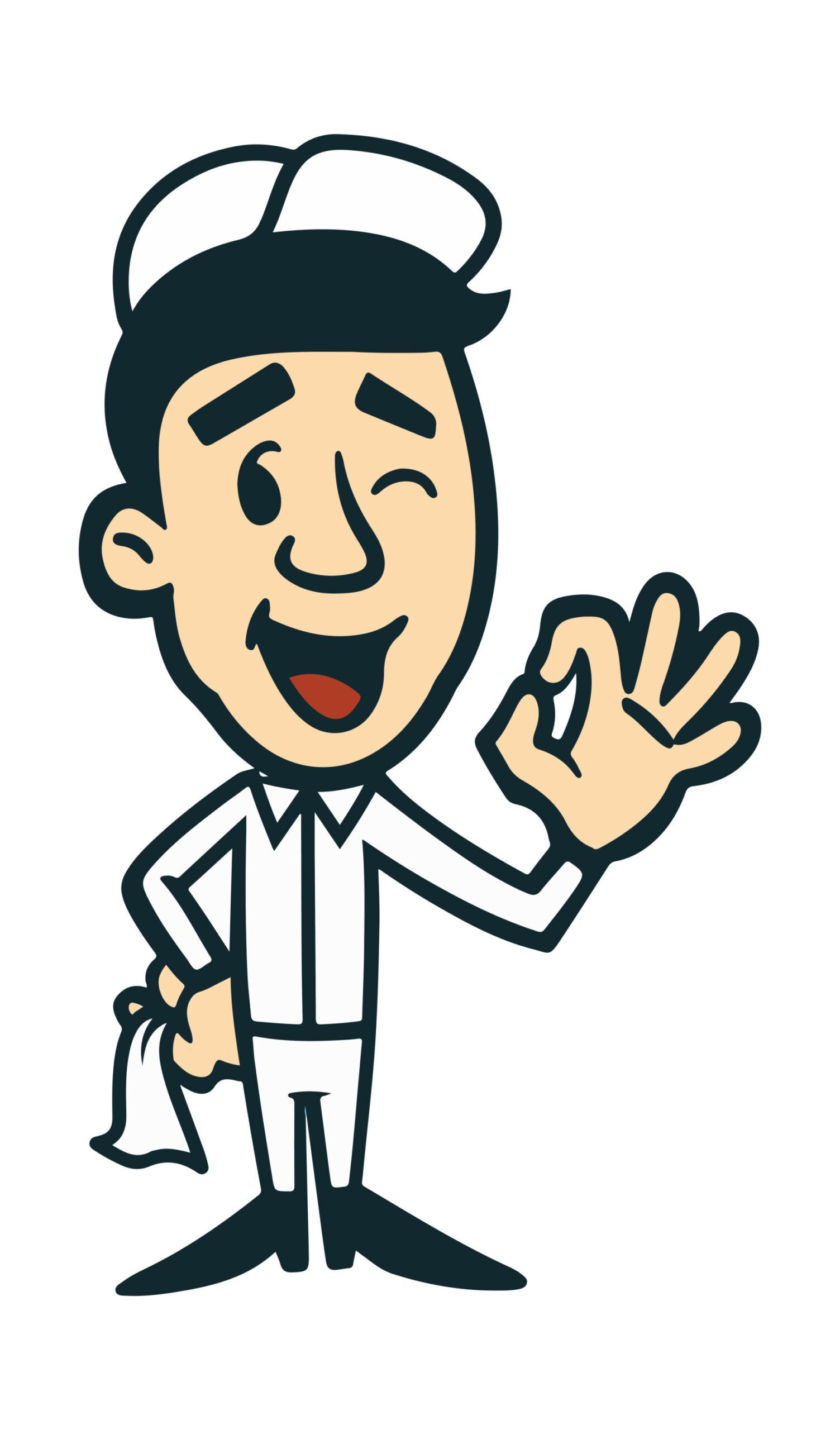 A cartoon man in a white uniform winks and makes an 
