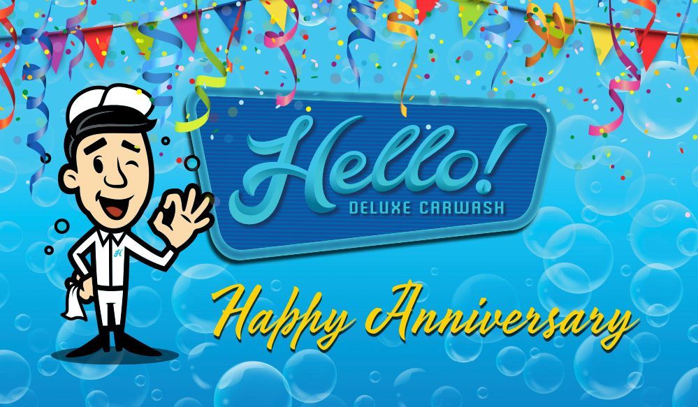 Blue app icon, Hello! Deluxe Carwash logo in stylized text on a turquoise background.