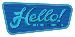 Hello Deluxe Carwash logo in blue and turquoise.