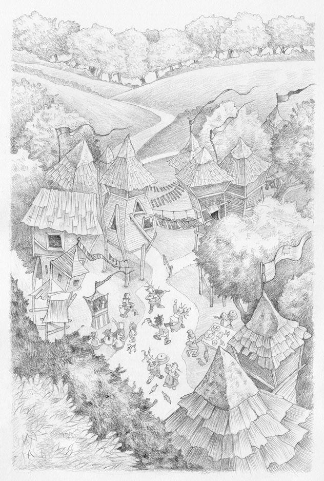 Detailed pencil drawing of a village nestled in a wooded valley, with fields and paths winding upwards.