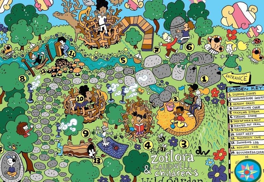 Colorful illustration of a wild garden with many children engaged in various activities.