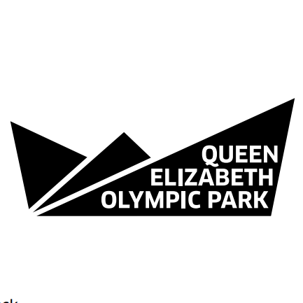 Black and white Queen Elizabeth Olympic Park logo. Geometric shapes, text.