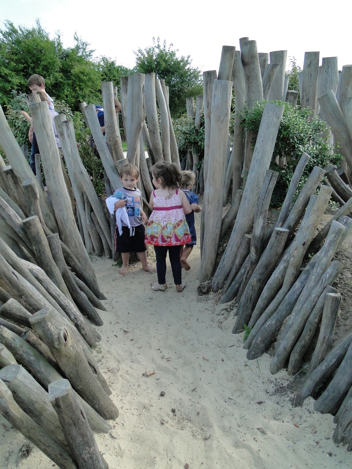 Children walking through a sand-covered path lined with wooden posts; outdoors.