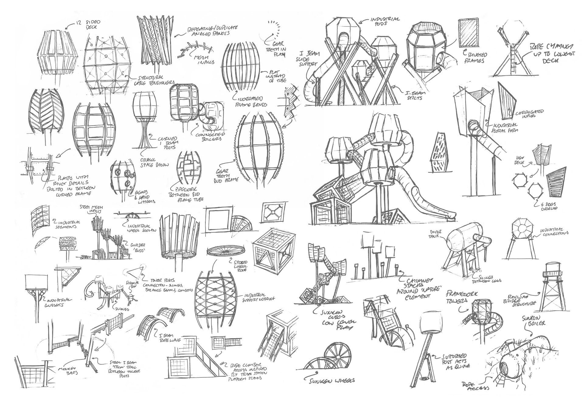 Playground with children climbing, playing, and parents supervising on a sunny day.