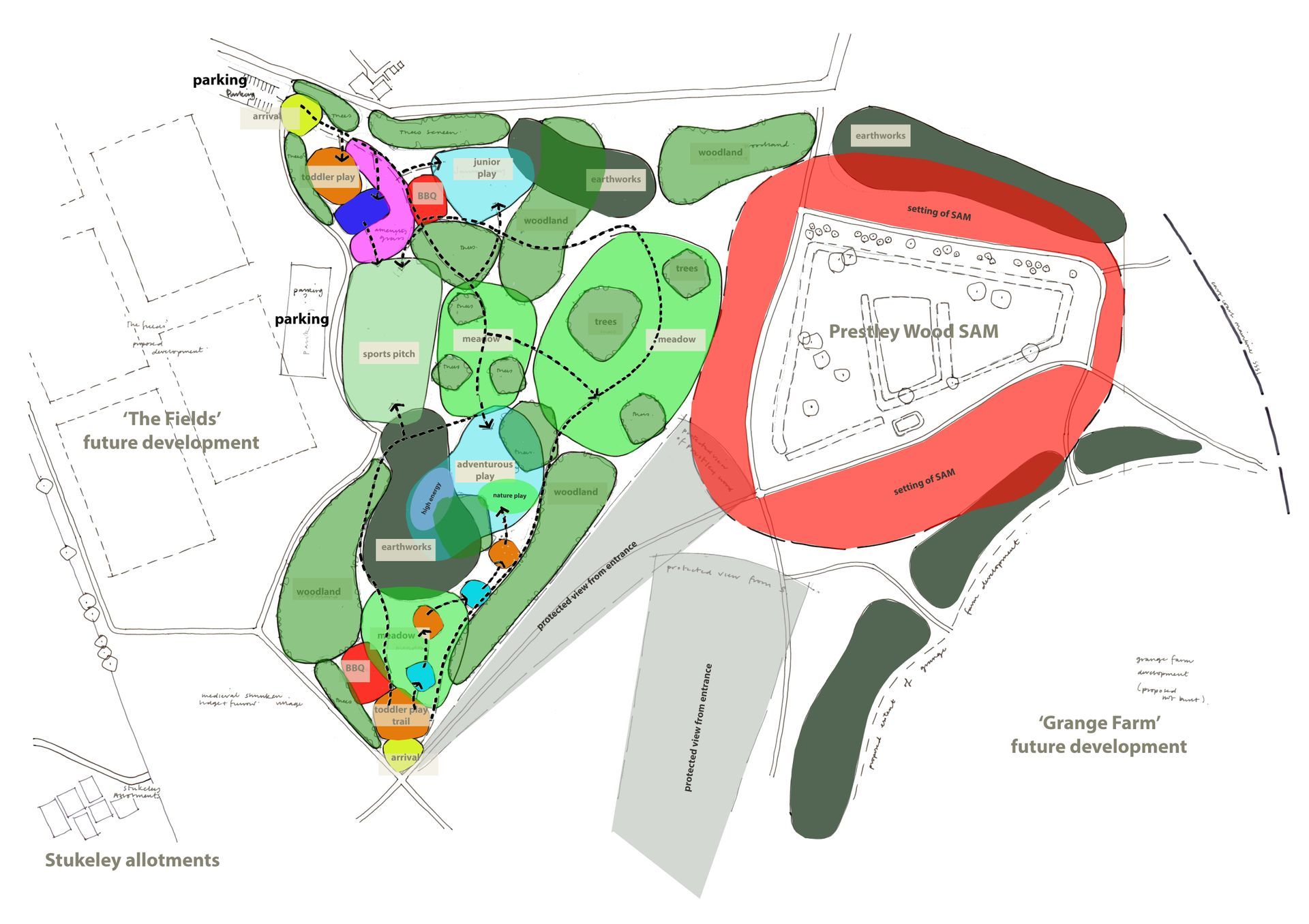 Overhead view of a park with trees, paths, a river, playground, and green open spaces.