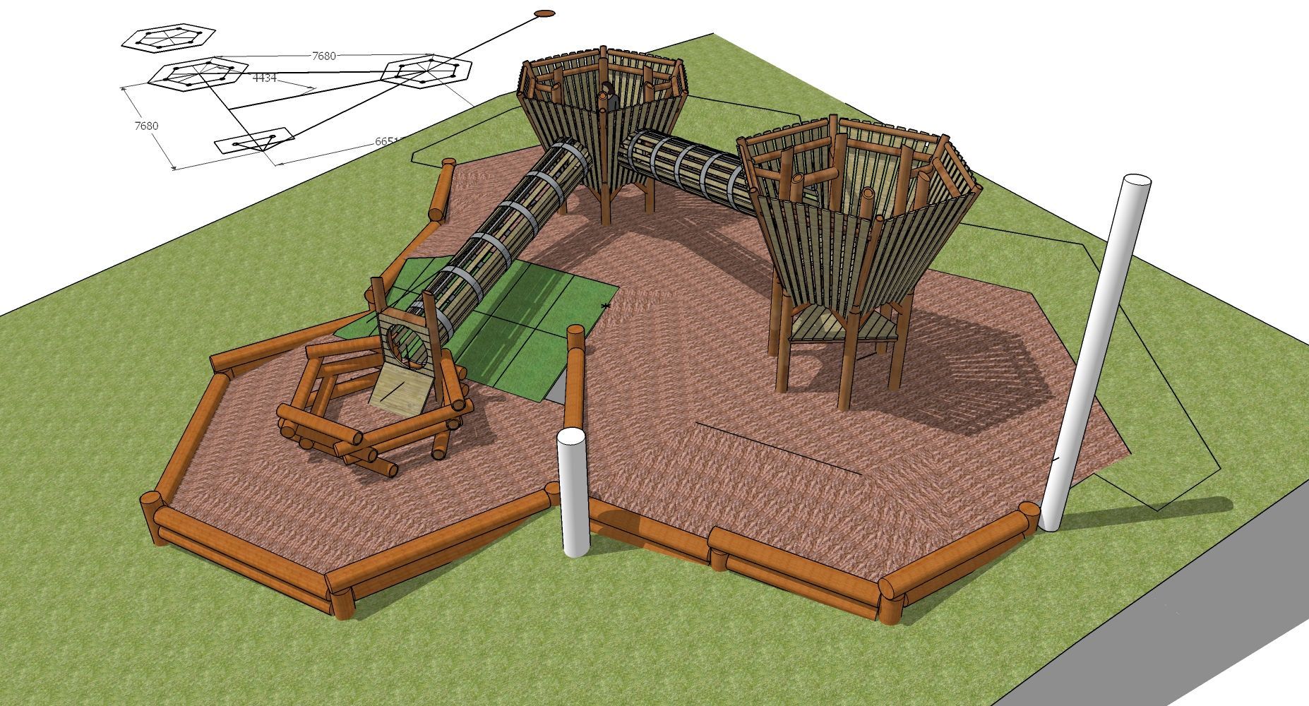 Playground design, rendering. Brown structures with a slide and climbing features,