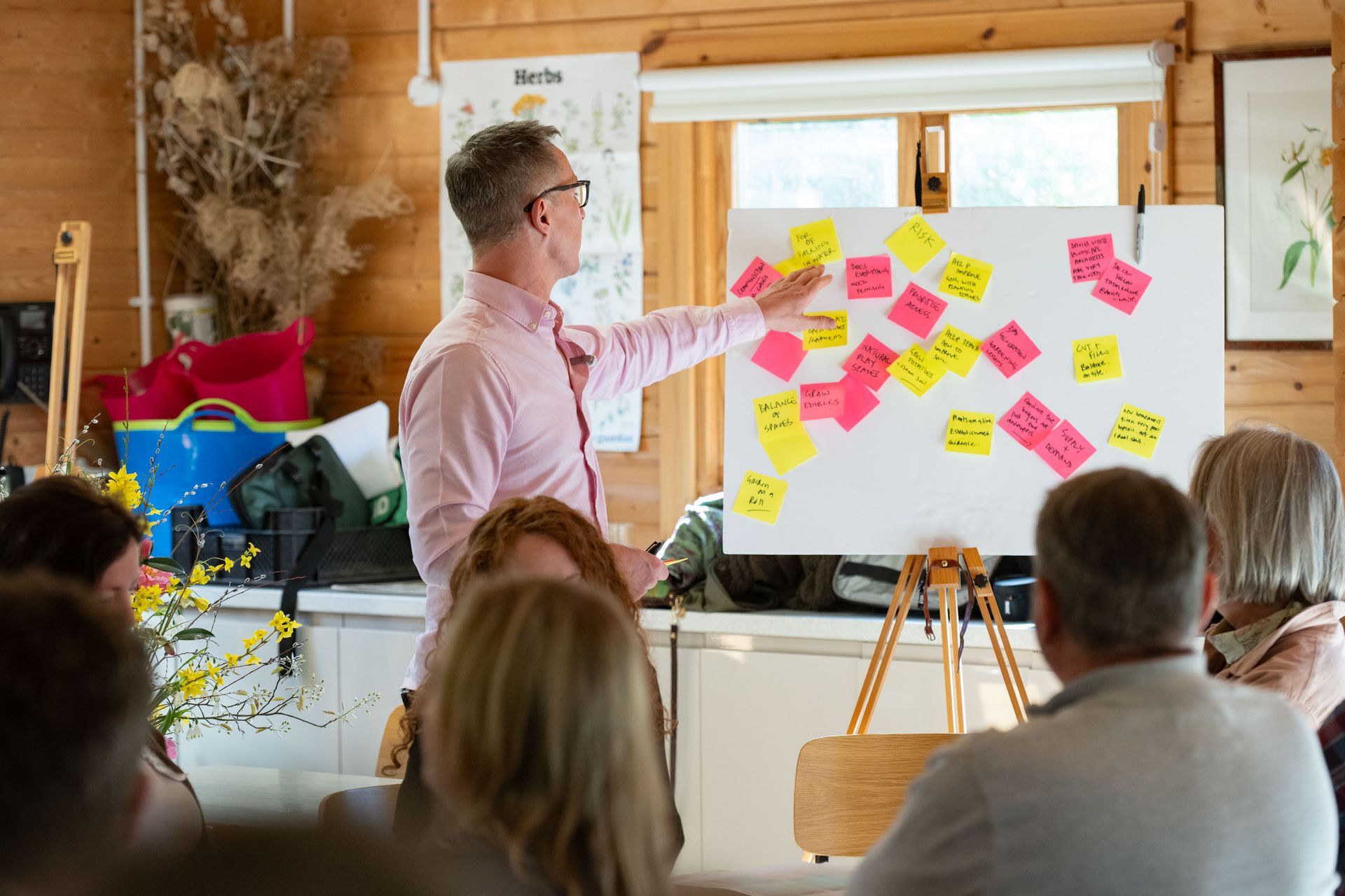 Man points at a whiteboard with sticky notes during a meeting with a group of people. Wooden interior.