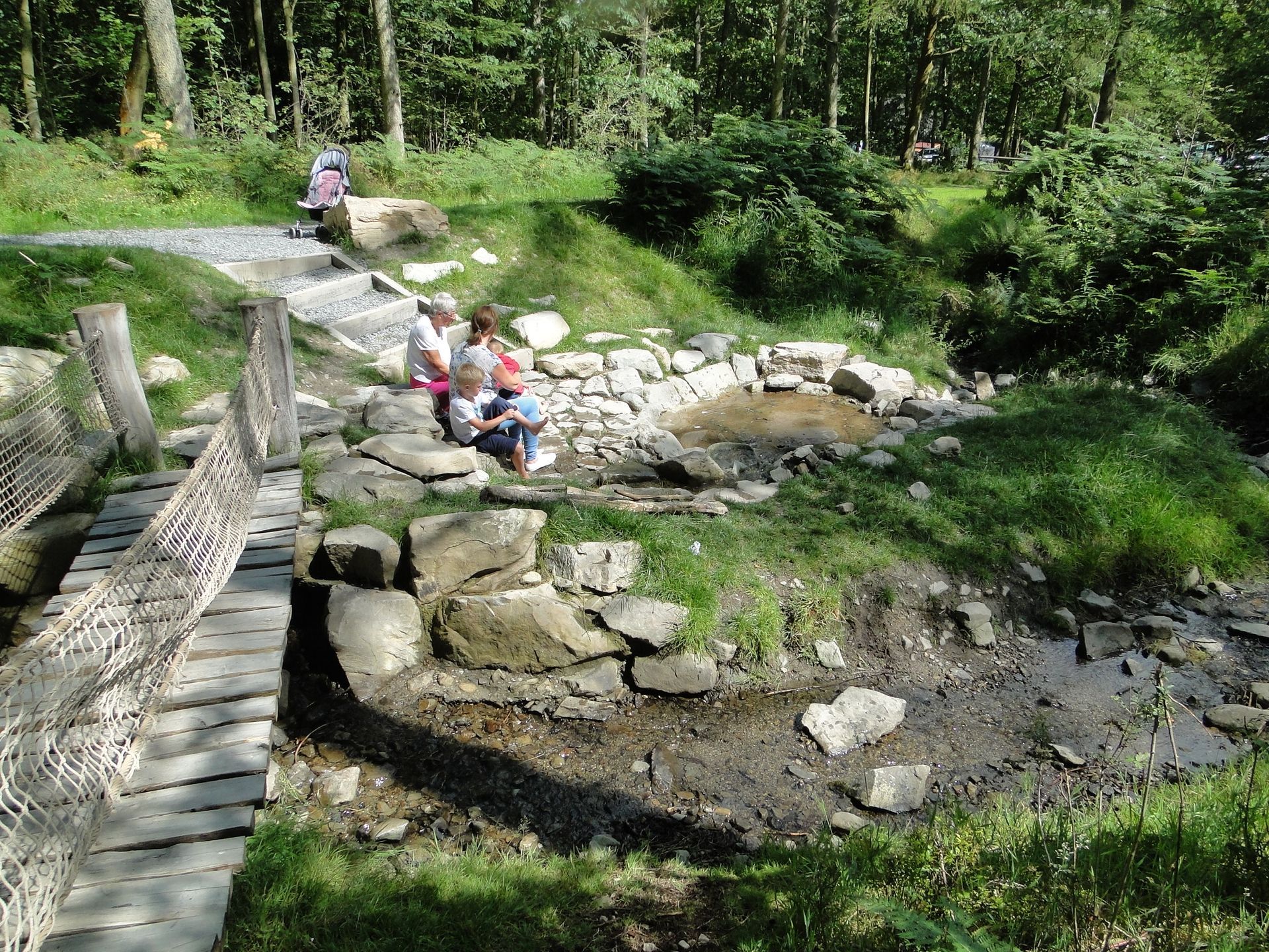 People near a stream build a bridge in a day with davies white -wooden bridge in a wooded park.