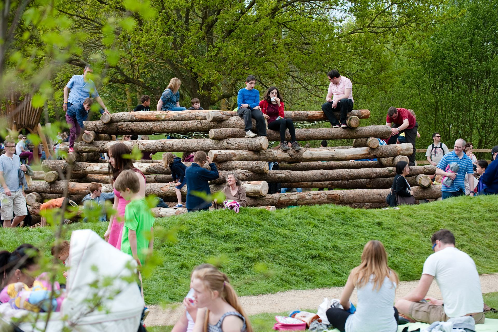 People at an outdoor event, some on logs, others picnicking on grass, under trees.