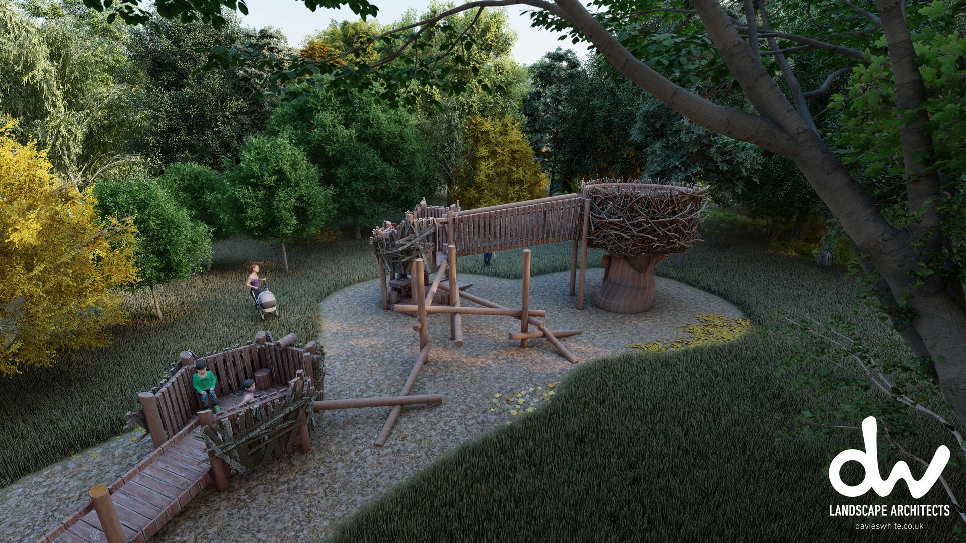 A garden scene with wooden structures, lush green trees, and small figures near a winding path.