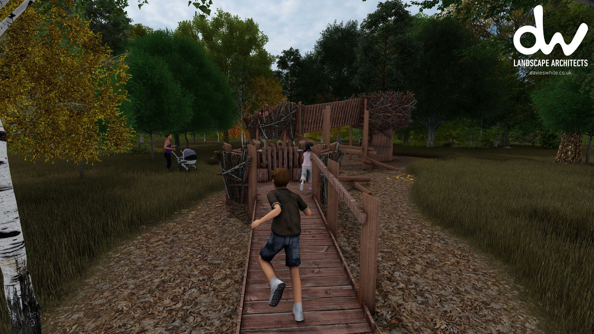 A boy runs across a wooden bridge in a wooded area. People gather nearby.