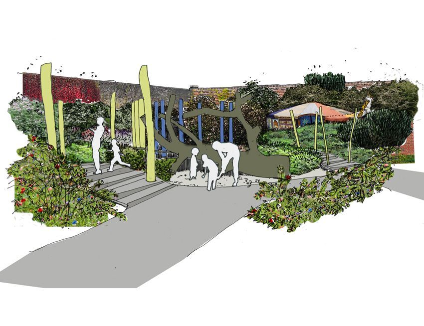 A garden entrance with path, people, trees, and metal sculpture in a park-like setting.