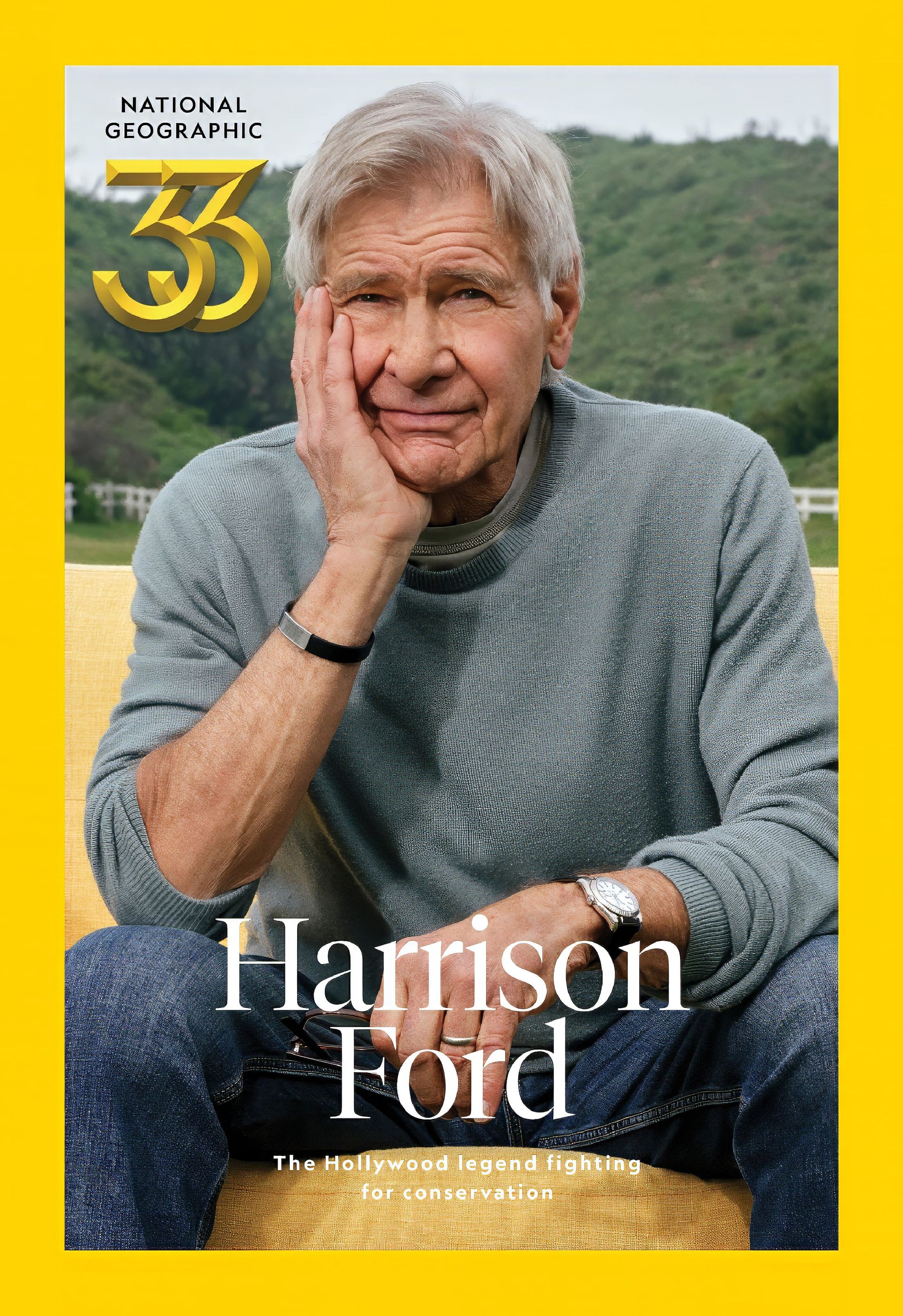 Harrison Ford rests his chin on his hand in a magazine portrait set against a rural, hilly landscape - National Geographic (credit) 33
