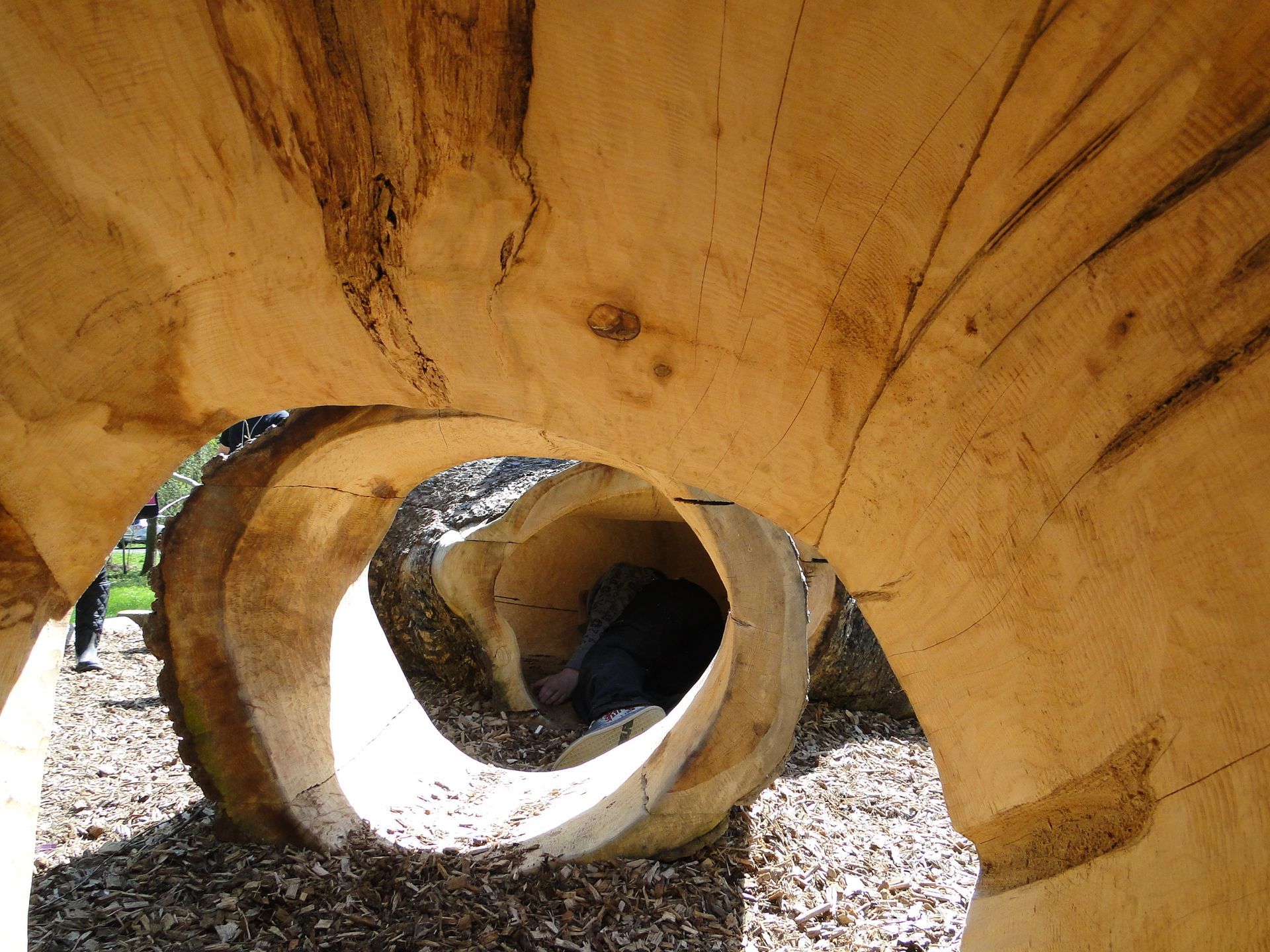 Inside a wooden tunnel carved from a log; child visible inside, natural wood.