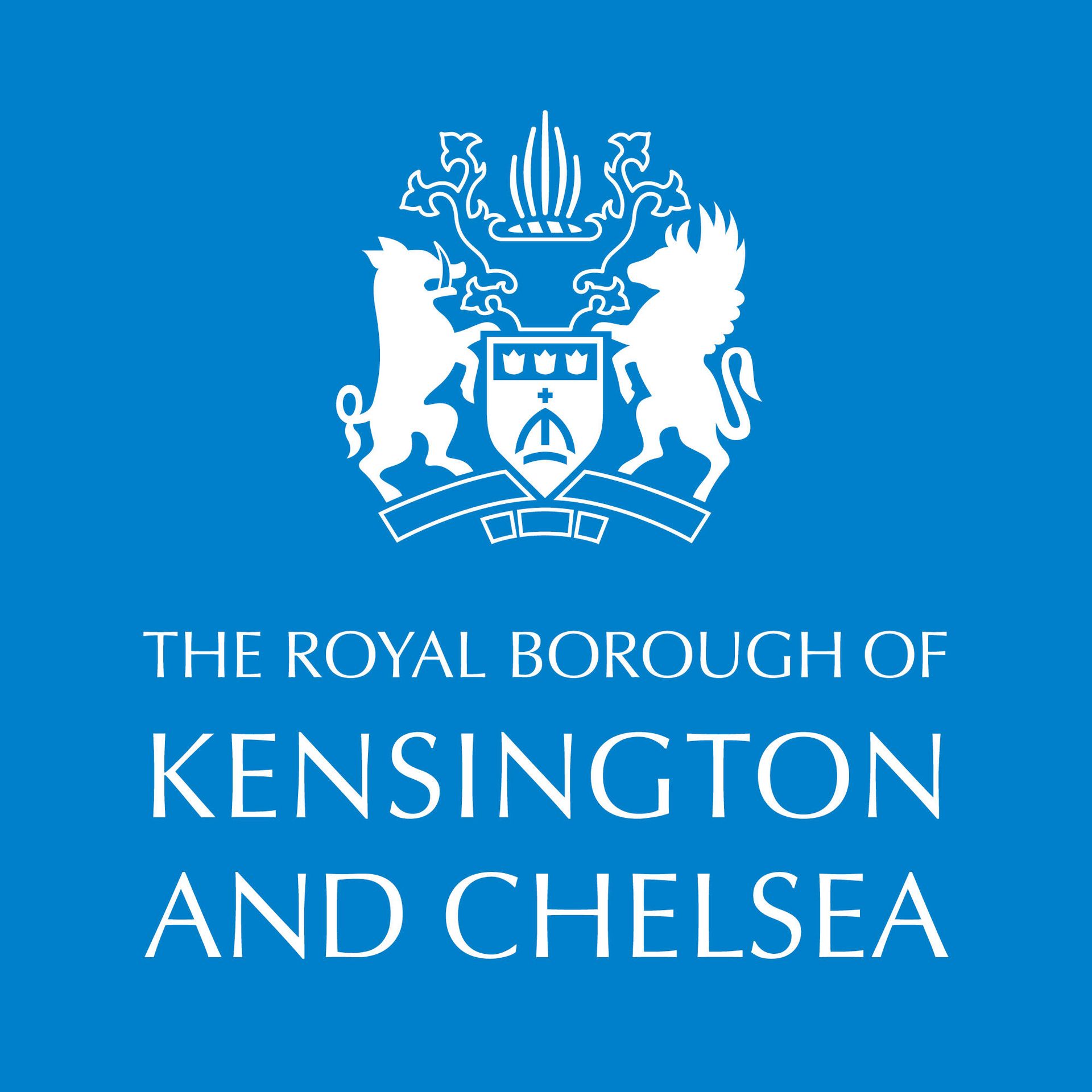 Royal Borough of Kensington and Chelsea logo: white emblem on blue background.