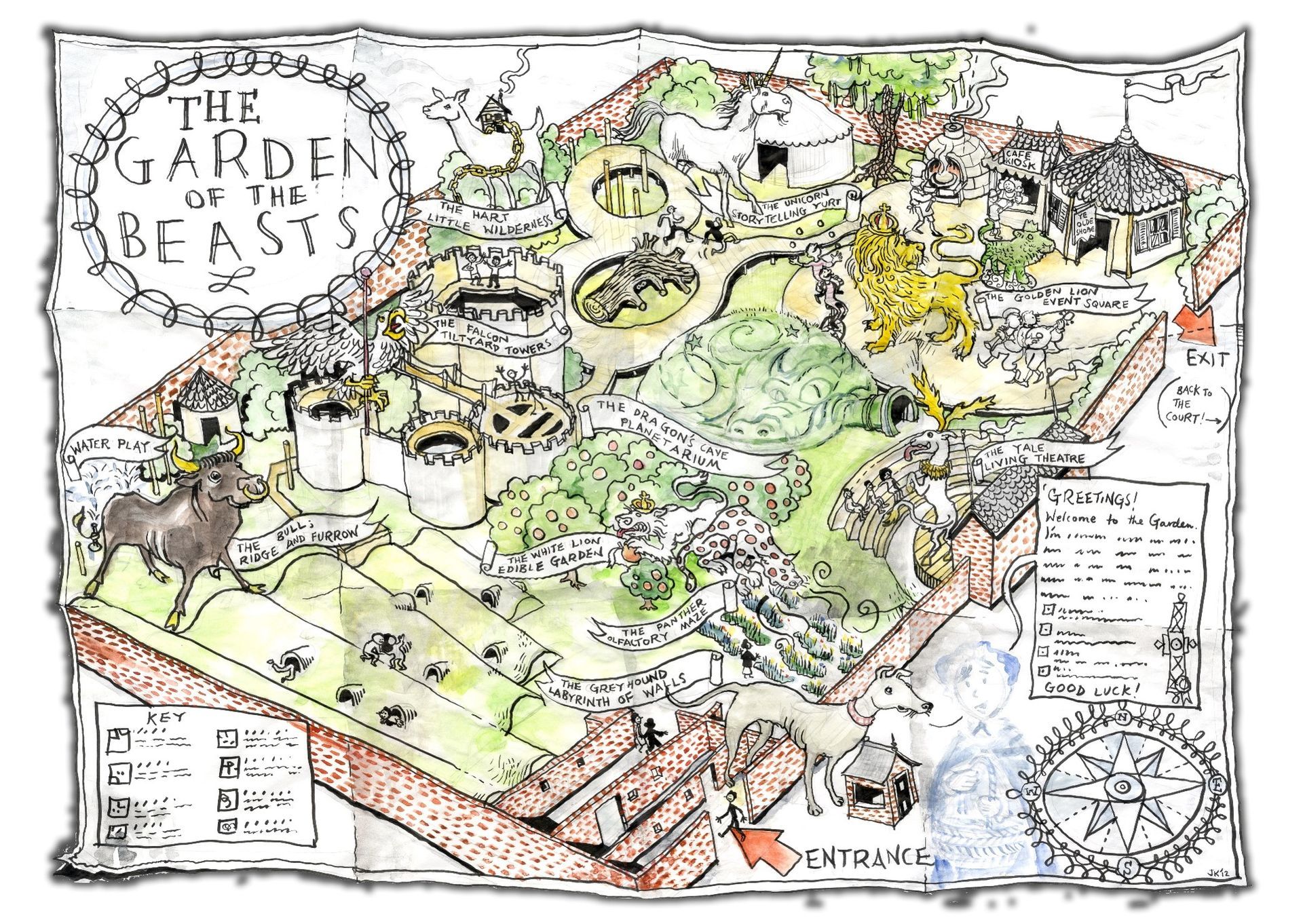 Hand-drawn garden layout; labeled