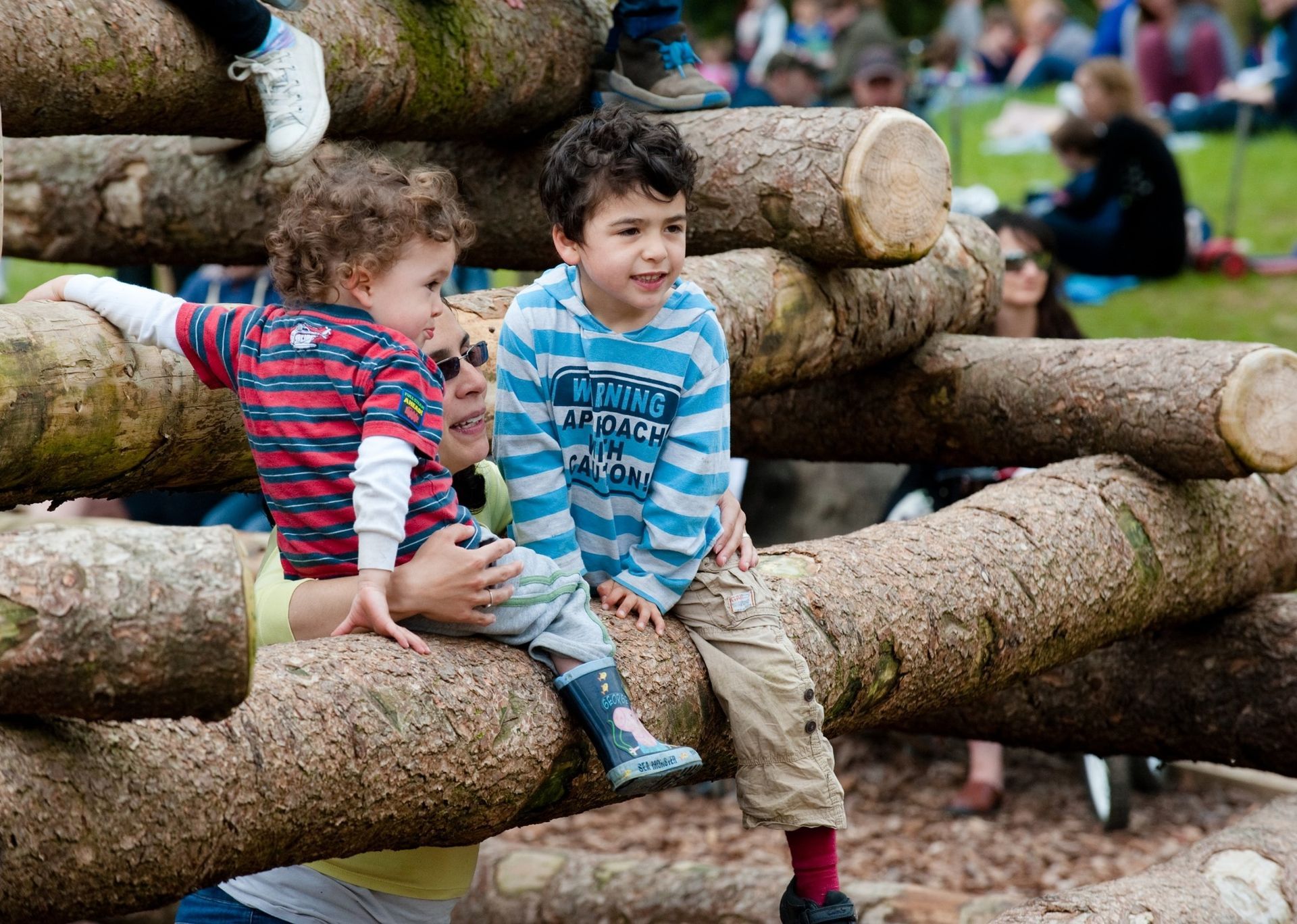 Children on a log structure in a park, some with a woman.