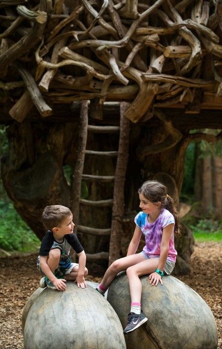 Two children sitting on large stones, looking at each other; treehouse in background.