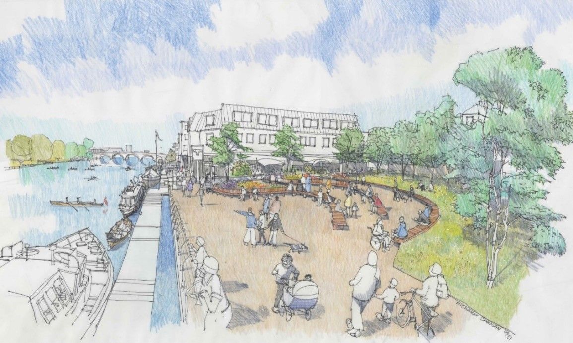 Sketch of a waterfront park with people sitting, trees, and a building. Boats are visible on the water.