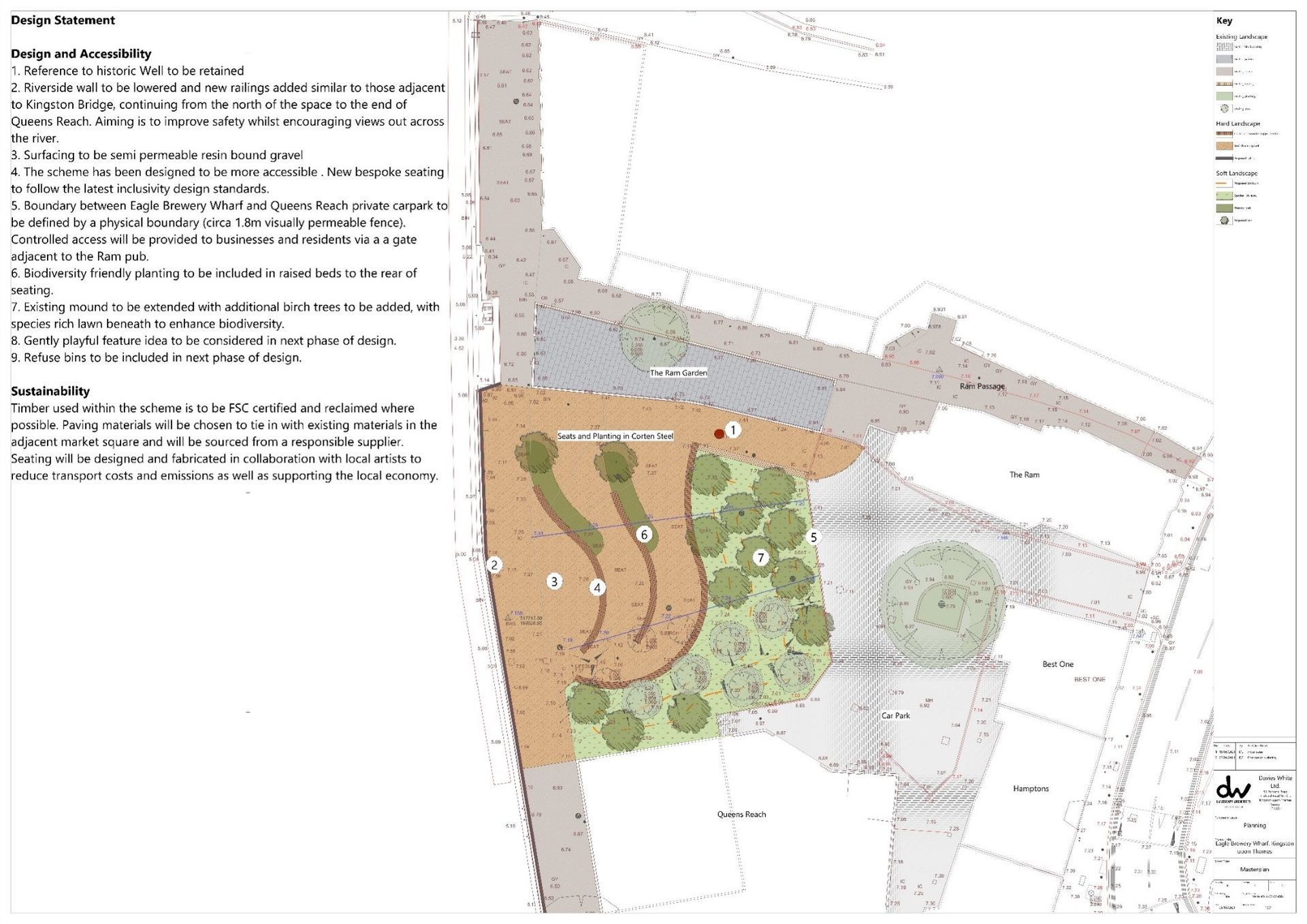A landscape design plan showing walkways, planting beds, and a small seating area.
