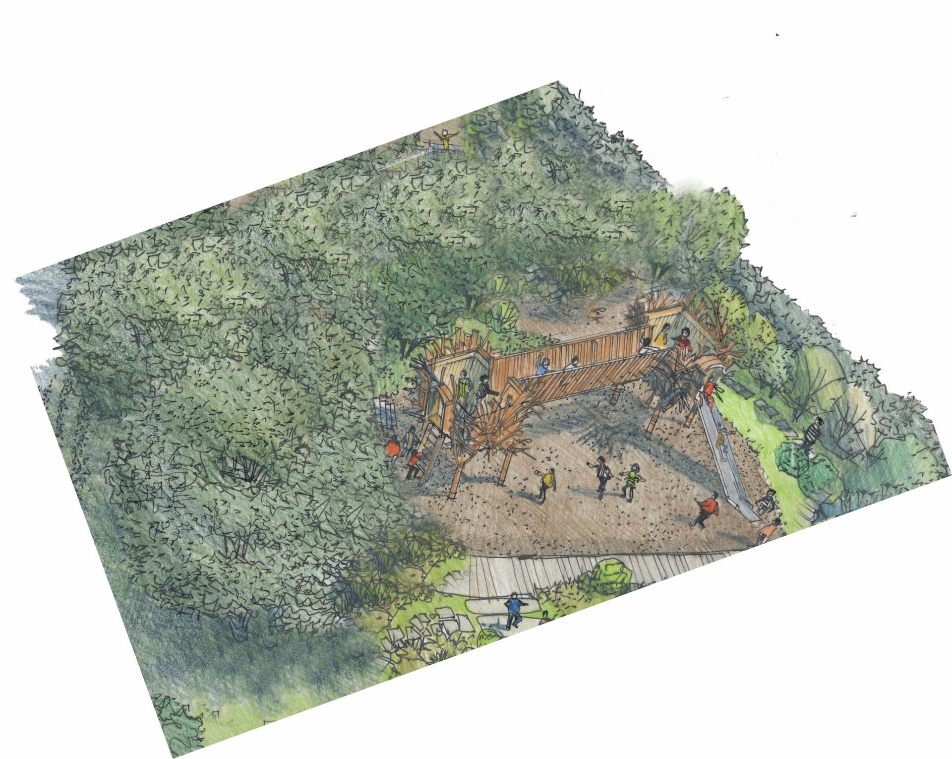 Illustration of an archaeological dig site in a wooded area, with workers excavating.