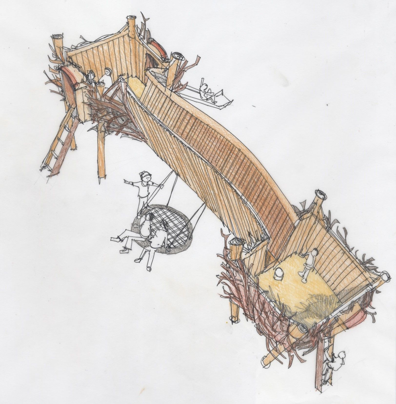 Wooden bridge with intricate details, including hanging objects and elaborate supports.