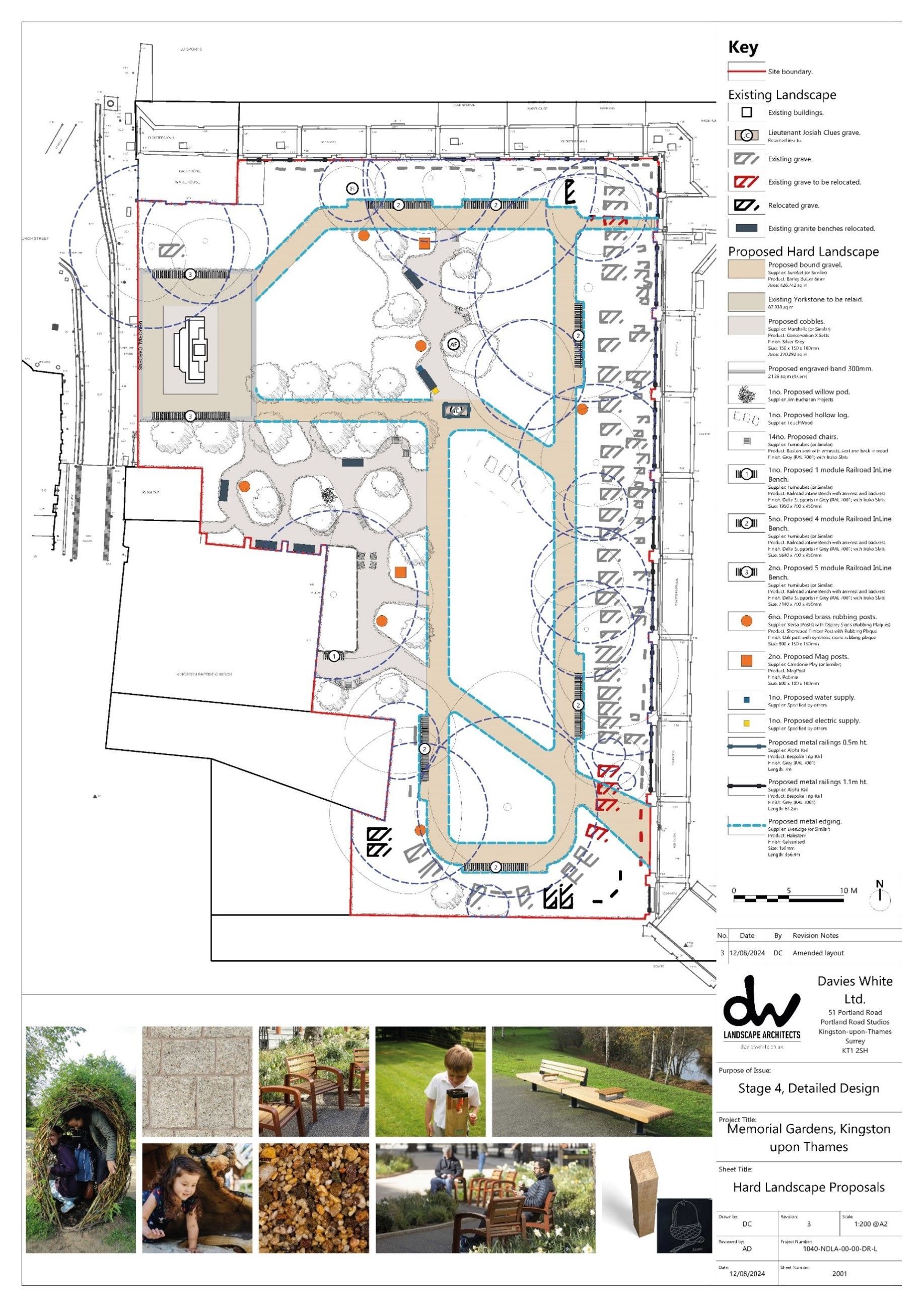 Plan of a public space with pathways, seating areas, and trees, plus photos of people and objects.
