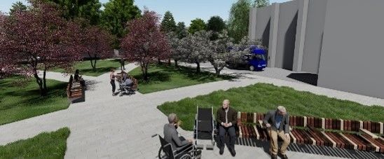 People in a park with trees and benches, near a building.