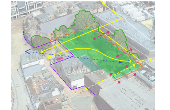 Aerial view of a green park with yellow path lines, surrounded by buildings and dotted purple and blue lines.