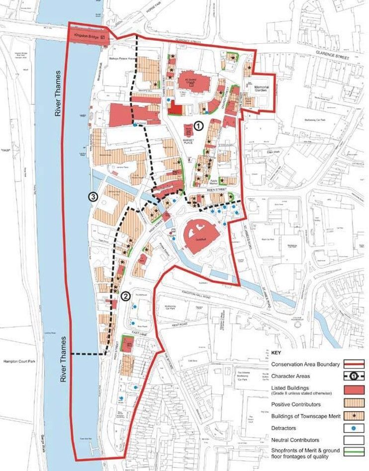 Map of a city area with buildings in red and orange, a river on the left, and a red outline of the boundary.