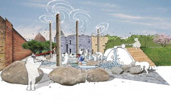 A park design with rocks, children, and dogs in a courtyard setting with stone buildings and wooden poles.