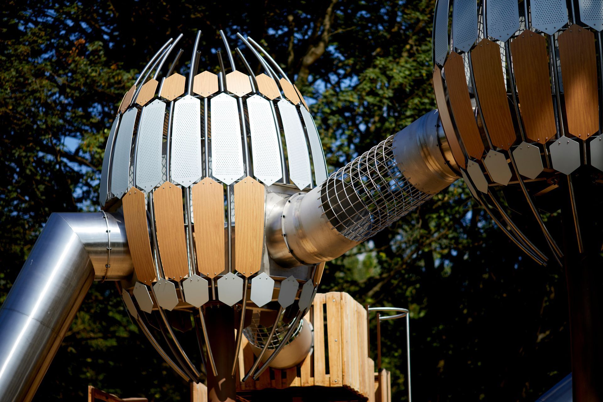 Seed pod play structures built by Massey & Harris for Davies White & Manchester City Council | Heaton Park nature play
