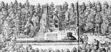 Black and white drawing of a building surrounded by a garden and forest.