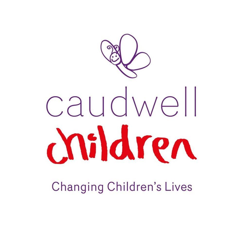 Caudwell Children logo with a purple butterfly and red