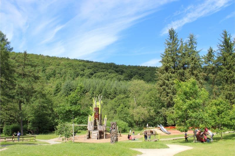 Playground with wooden structures, surrounded by trees and grass, under a blue sky.
