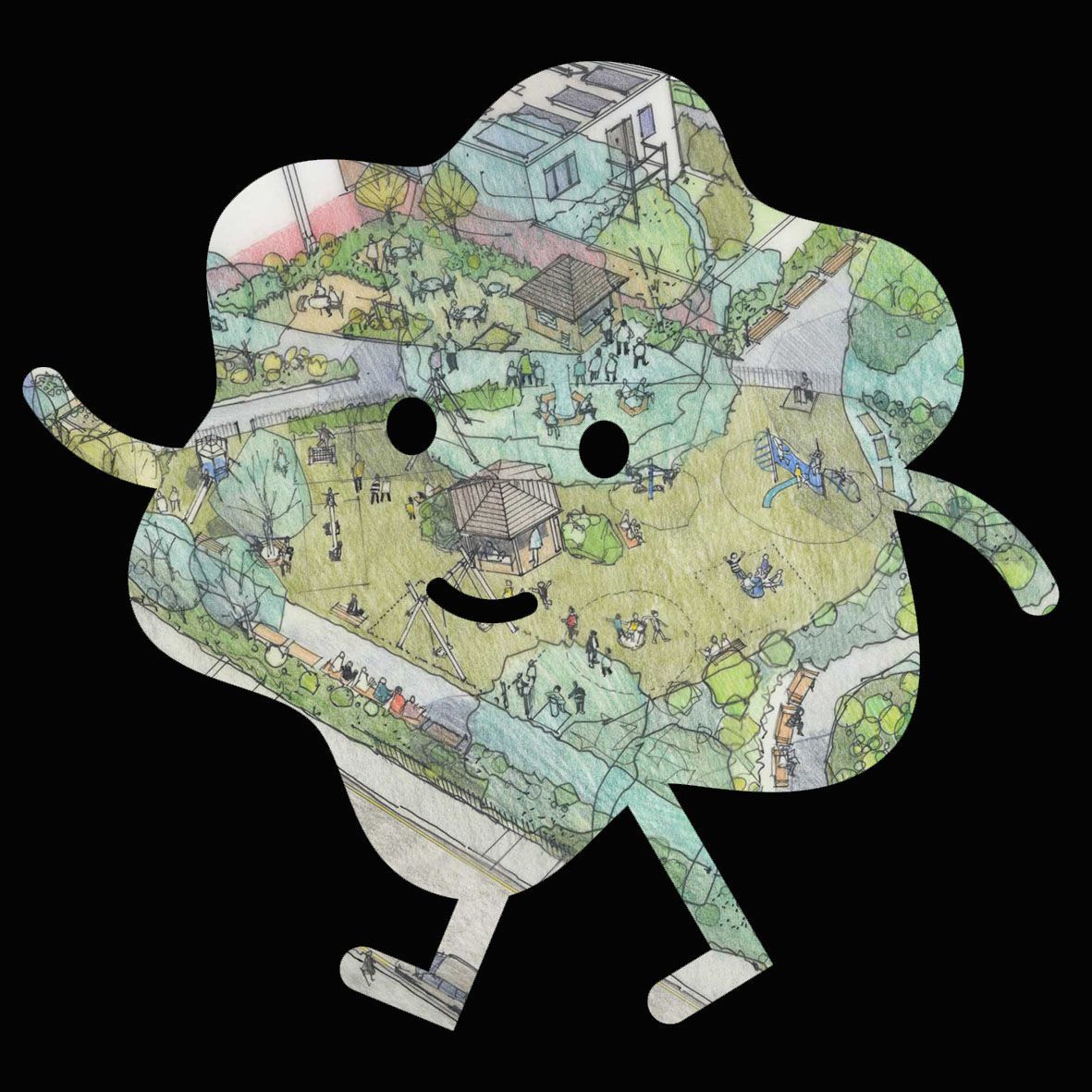 A cartoon character shaped like a map walking, with a happy expression.