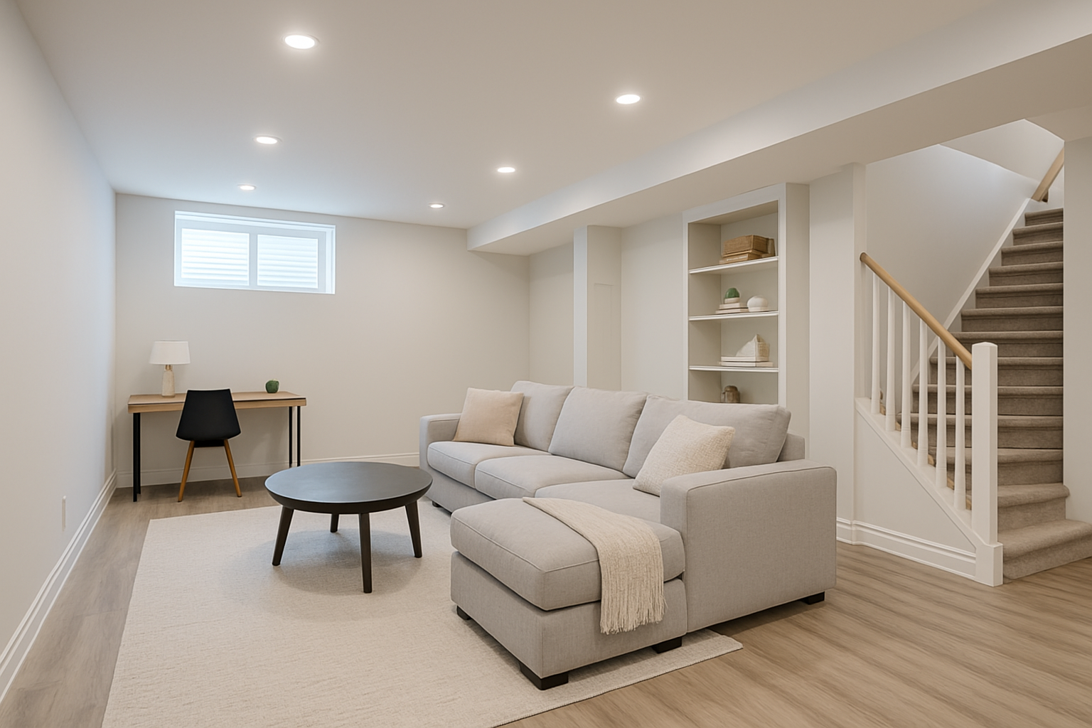 A finished basement living space with a gray sectional sofa, desk, and stairs.
