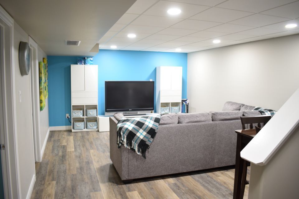 basement with blue wall