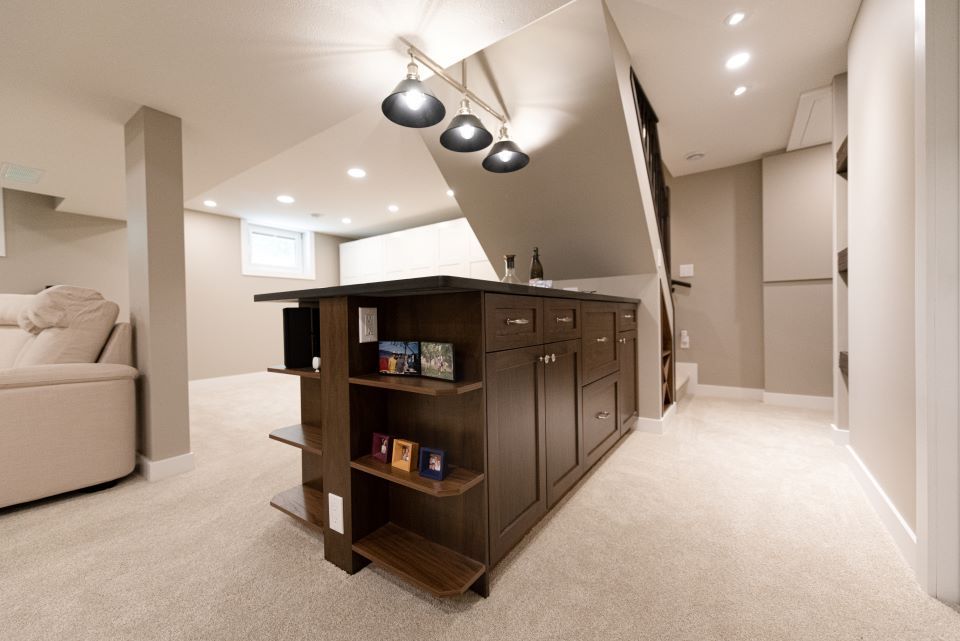 custom shelving and cabinets in basement